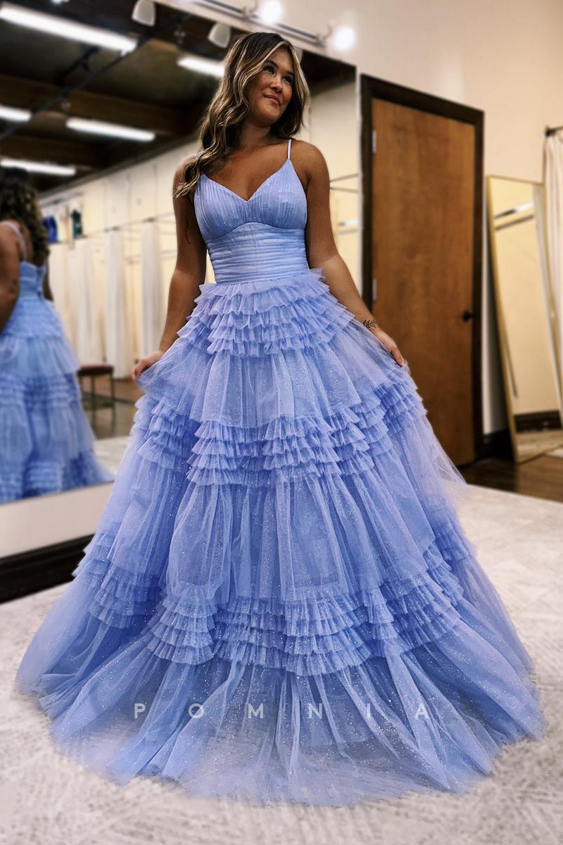 P1253 - Tiered Spaghetti Straps V-Neck Glitter Tulle Prom Evening Dress