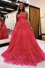 P1253 - Tiered Spaghetti Straps V-Neck Glitter Tulle Prom Evening Dress