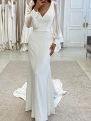 Trumpet/Mermaid V-Neck Floor-Length Long Sleeves Wedding Dress Ivory