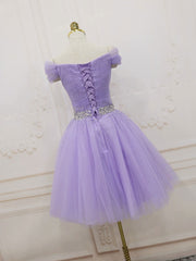 Purple  tulle off shoulder sequin short prom dress purple homecoming dress