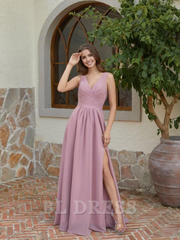 A Line V Neck Chiffon Long Ruched Pleated formal dresses Bridesmaid Dresses evening gown Prom Dress