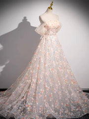 A-Line Off Shoulder Lace Tulle Long Prom Dress, Pink Long Formal Dress