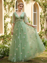 A-Line V-neck Floral Applique Tulle Long Dress Dusty Sage