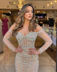 Ovlias Heavy Champagne Mermaid Tulle Prom Dress Long Sleeve Sweetheart Strapless