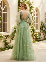 A-Line V-neck Floral Applique Tulle Long Dress Dusty Sage
