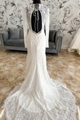 White Lace V-Neck Lace-Up Back Long Sleeve Mermaid Wedding Dress Sexy