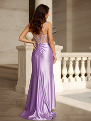 Sweetheart Sheer Corset Sheath Dress With Slit Lilac