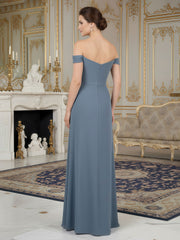 Pleated Off-the-Shoulder Applique Floor-length Dress Slate Blue