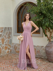A Line V Neck Chiffon Long Ruched Pleated formal dresses Bridesmaid Dresses evening gown Prom Dress