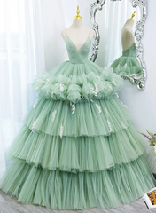 Light Green Tulle Layers Low Back Prom Dress, Light Green Sweet 16 Dress