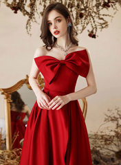 Red Satin Long Party Dress with Leg Slit, Red Satin Prom Dress Formal Dress