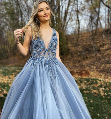 V-neck Tulle Long Prom Dress with Appliques and Beading,Prom Dresses,Pageant Dress