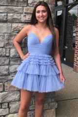 Navy Blue Spaghetti Strap Tiered A-Line Short Homecoming Dress with Ruffles