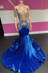 Royal Blue Halter Velvet Mermaid Silver kralen prom -jurken