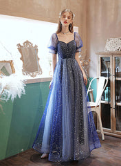 Dark Blue Sweetheart Short Sleeves Formal Dress, Blue A-line Prom Dress