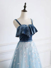 Blue tulle lace long prom dress, blue tulle long evening dress