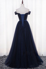 Beautiful Navy Blue Tulle Long Party Dress, Simple Off Shoulder Blue Bridesmaid Dress