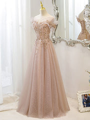 Champagne tulle lace off shoulder long prom dress, champagne evening dress