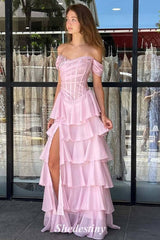 Illusion Pink Off the Shoulder Tiered Ruffles Prom Dress with Slit