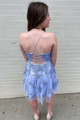 Periwinkle Appliques Plunge V Lace-Up A-Line Homecoming Dress