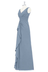 Dusty Blue V-Neck Backless Ruffled Long Bridesmaid Dress
