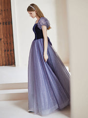Purple tulle long prom dress, purple A line evening dress