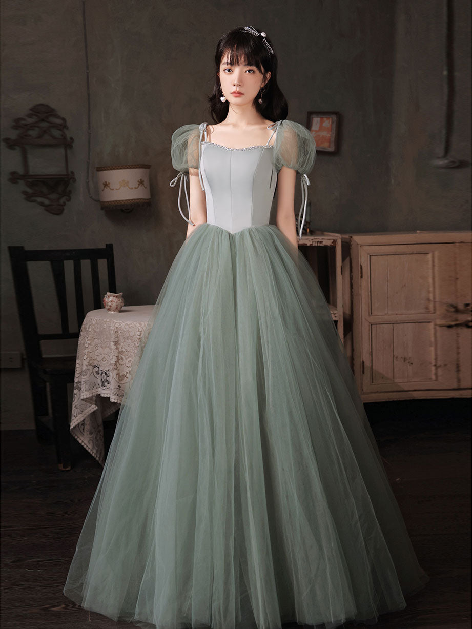 Green tulle long prom dress, green tulle formal dress