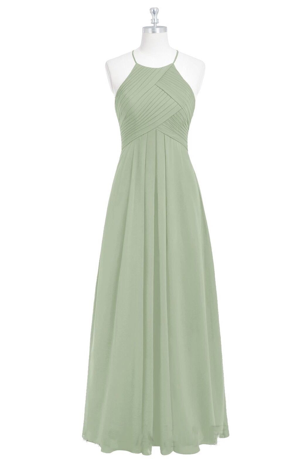 Salie groene chiffon halter backless lange bruidsmeisje jurk
