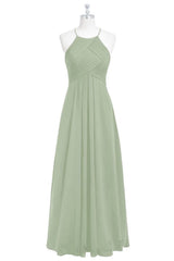 Salie groene chiffon halter backless lange bruidsmeisje jurk