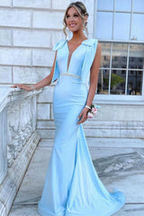 Light Blue Plunge Neck Backless Mermaid Long Formal Dress