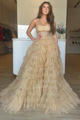 Pink Strapless Tulle Sequin A-Line Prom Gown