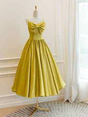 Simple yellow satin short prom dress, yellow bridesmaid dress