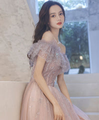 pale pinkish tulle A-line long prom dress tulle formal dress