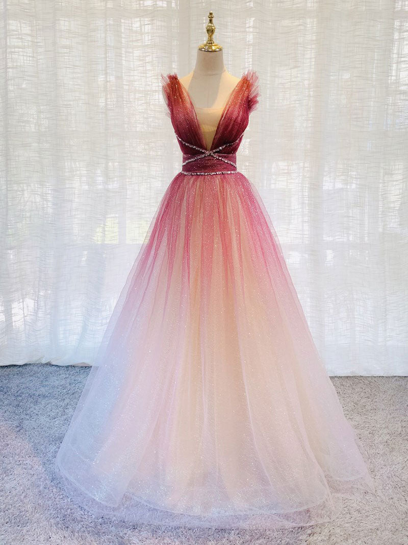 Burgundy v neck tulle sequin long prom dress burgundy formal dress