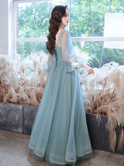 Green round neck tulle lace long prom dress, green evening dress