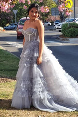 Princess Periwinkle Strapless Tiered Prom Gown