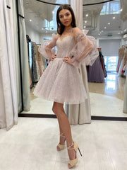Cute sweetheart neck tulle sequin short prom dress, sequin cocktail dress