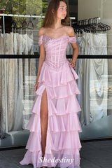 Illusion Pink Off the Shoulder Tiered Ruffles Prom Dress with Slit
