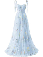 A-line Sleeves Straps Embroidery Tulle Prom Dress