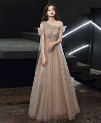 Champagne tulle one shoulder long prom dress tulle evening dress