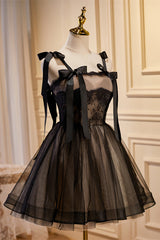 Black Lace Straps A-Line Homecoming Dress with Bows