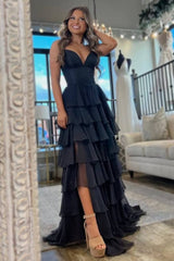 Hot Pink Spaghetti Strap Ruffle Tiered Long Prom Dress