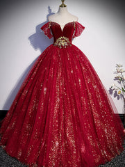 Burgundy sweetheart neck tulle sequin long prom dress, burgundy evening dress