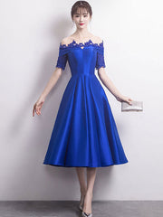 Blue lace satin prom dress, blue bridesmaid dress