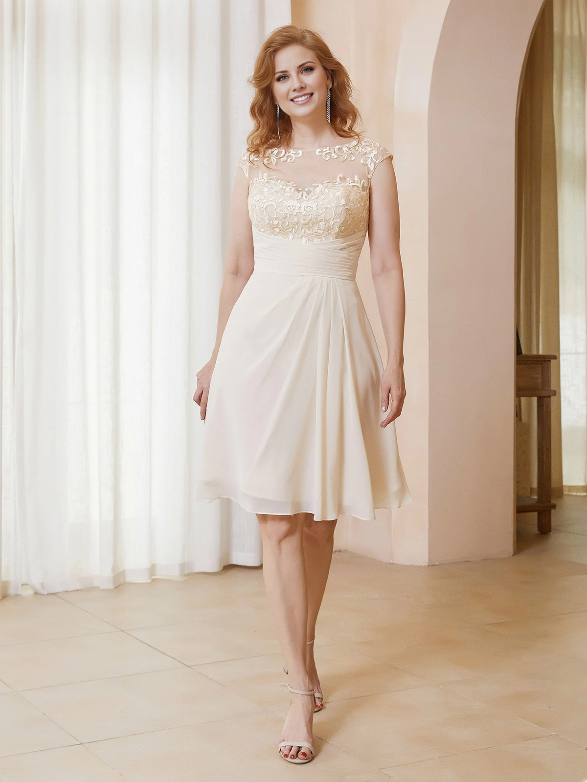Illusionary collar with ruffled edges and knee length mother of the bride dress
