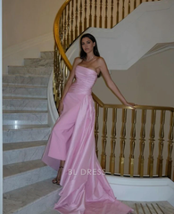 Sheath Strapless Satin Pink Long formal dresses Bridesmaid Dresses evening gown Prom Dress