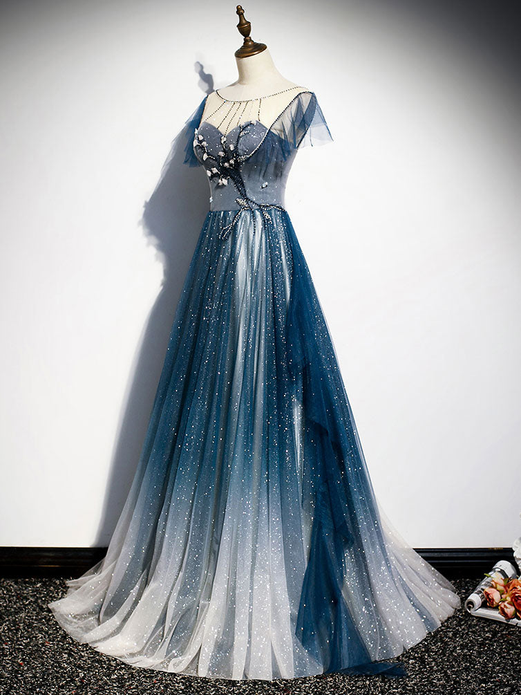 Blue tulle long prom dress, blue beads long evening dress