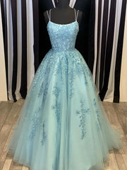 Blue tulle lace long prom dress blue tulle lace evening dress