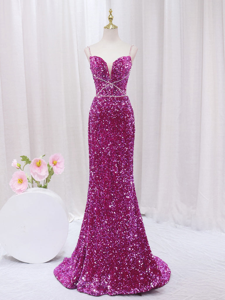 Simple Mermaid Sequin Long Prom Dress, Sequin Long Evening Dress