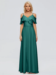 Thin shoulder strap ruffled chiffon and floor length bridesmaid dress